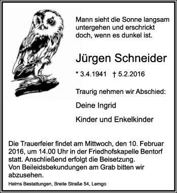 Anzeige  Jürgen Schneider  Lippische Landes-Zeitung
