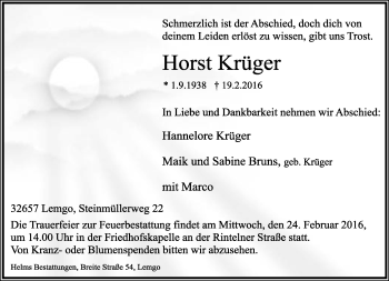 Anzeige  Horst Krüger  Lippische Landes-Zeitung