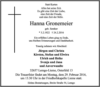 Anzeige  Hanna Gronemeier  Lippische Landes-Zeitung