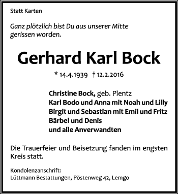 Anzeige  Gerhard Karl Bock  Lippische Landes-Zeitung