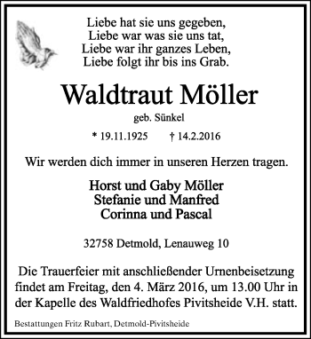 Anzeige  Waldtraut Möller  Lippische Landes-Zeitung
