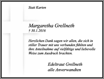 Anzeige  Margaretha Grellneth  Lippische Landes-Zeitung