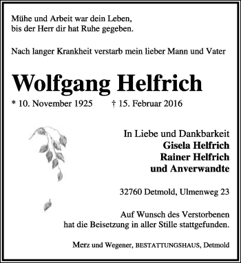 Anzeige  Wolfgang Helfrich  Lippische Landes-Zeitung