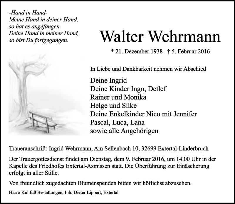  Traueranzeige für Walter Wehrmann vom 06.02.2016 aus Lippische Landes-Zeitung