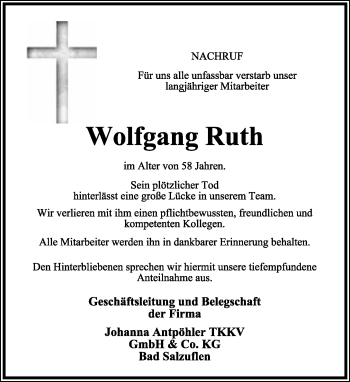 Anzeige  Wolfgang Ruth  Lippische Landes-Zeitung