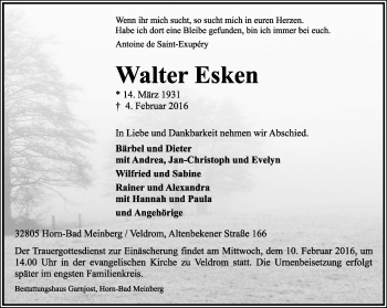 Anzeige  Walter Esken  Lippische Landes-Zeitung