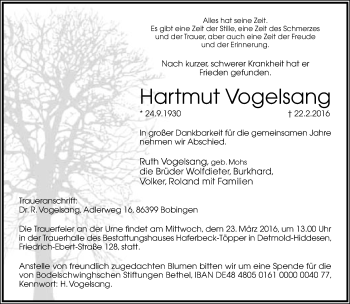 Anzeige  Hartmut Vogelsang  Lippische Landes-Zeitung
