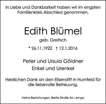 Anzeige  Edith Blümel  Lippische Landes-Zeitung