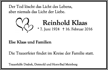 Anzeige  Reinhold Klaas  Lippische Landes-Zeitung