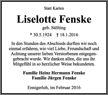 Anzeige  Liselotte Fenske  Lippische Landes-Zeitung
