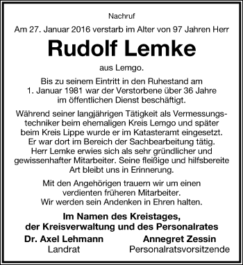 Anzeige  Rudolf Lemke  Lippische Landes-Zeitung
