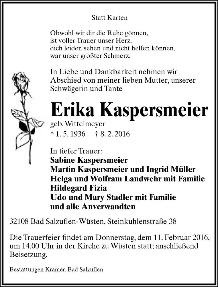  Traueranzeige für Erika Kaspersmeier vom 09.02.2016 aus Lippische Landes-Zeitung