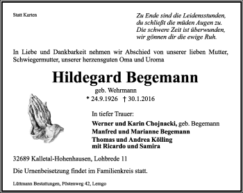 Anzeige  Hildegard Begemann  Lippische Landes-Zeitung