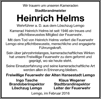 Anzeige  Heinrich Helms  Lippische Landes-Zeitung