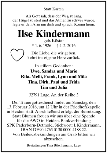 Anzeige  Ilse Kindermann  Lippische Landes-Zeitung