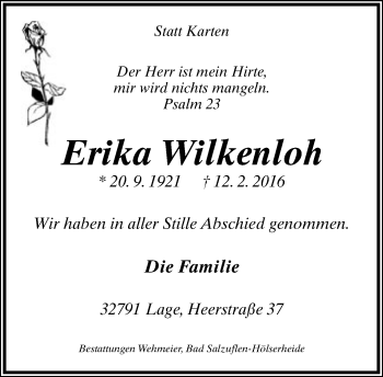 Anzeige  Erika Wilkenloh  Lippische Landes-Zeitung