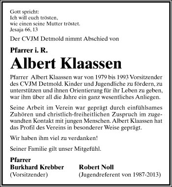 Anzeige  Albert Klaassen  Lippische Landes-Zeitung