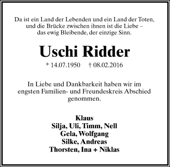 Anzeige  Uschi Ridder  Lippische Landes-Zeitung