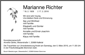 Anzeige  Marianne Richter  Lippische Landes-Zeitung