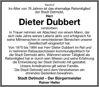 Anzeige  Dieter Dubbert  Lippische Landes-Zeitung