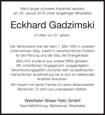 Anzeige  Eckhard Gadzimski  Lippische Landes-Zeitung