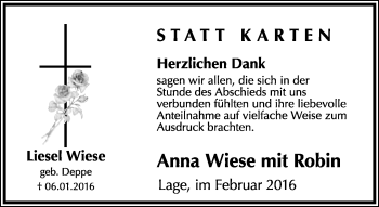 Anzeige  Liesel Wiese  Lippische Landes-Zeitung