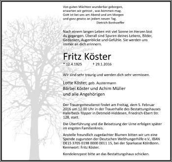 Anzeige  Fritz Köster  Lippische Landes-Zeitung