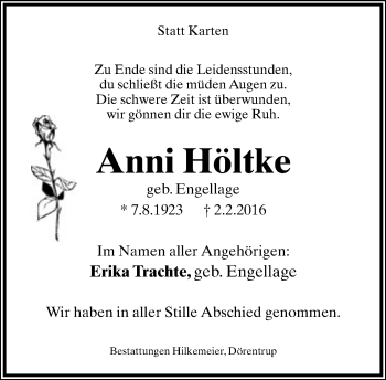 Anzeige  Anni Höltke  Lippische Landes-Zeitung