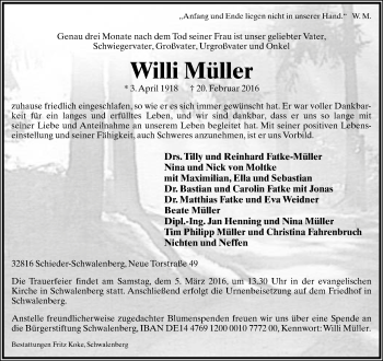 Anzeige  Willi Müller  Lippische Landes-Zeitung