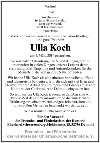 Anzeige  Ulla Koch  Lippische Landes-Zeitung