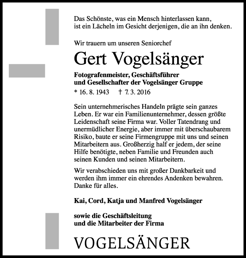  Traueranzeige für Gert Vogelsänger vom 10.03.2016 aus Lippische Landes-Zeitung