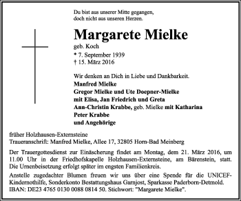 Anzeige  Margarete Mielke  Lippische Landes-Zeitung