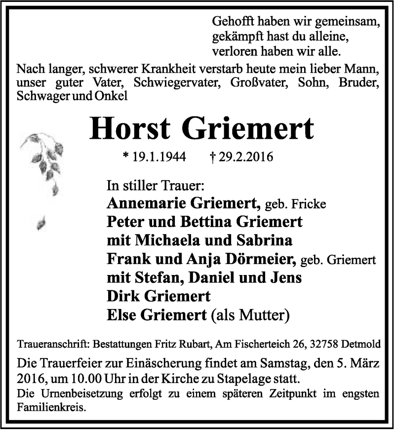 Traueranzeige für Horst Griemert vom 03.03.2016 aus Lippische Landes-Zeitung