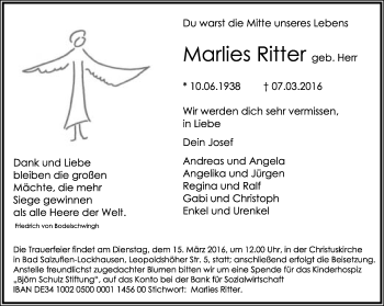 Anzeige  Marlies Ritter  Lippische Landes-Zeitung