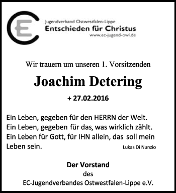 Anzeige  Joachim Detering  Lippische Landes-Zeitung