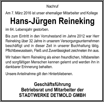Anzeige  Hans-Jürgen Reineking  Lippische Landes-Zeitung