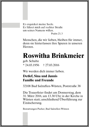 Anzeige  Roswitha Brinkmeier  Lippische Landes-Zeitung