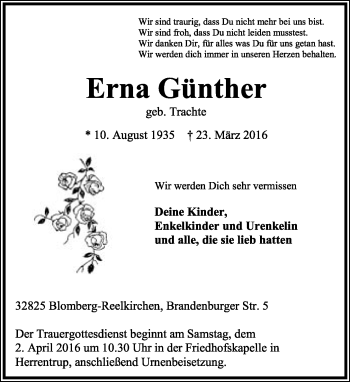 Anzeige  Erna Günther  Lippische Landes-Zeitung