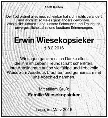 Anzeige  Erwin Wiesekopsieker  Lippische Landes-Zeitung