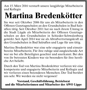 Anzeige  Martina Bredenkötter  Lippische Landes-Zeitung