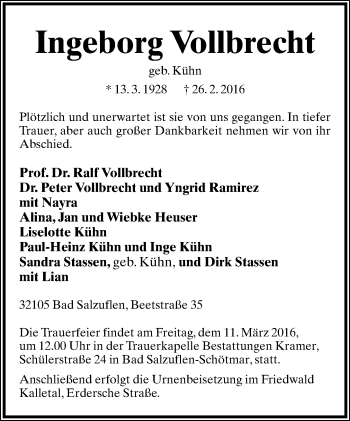 Anzeige  Ingeborg Vollbrecht  Lippische Landes-Zeitung