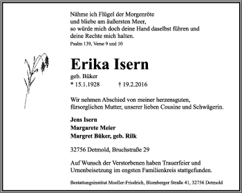 Anzeige  Erika Isern  Lippische Landes-Zeitung