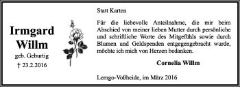 Anzeige  Irmgard Willm  Lippische Landes-Zeitung