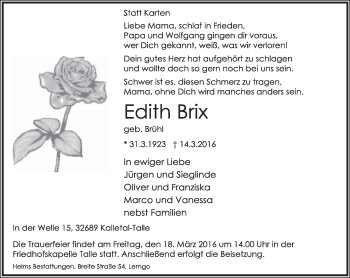 Anzeige  Edith Brix  Lippische Landes-Zeitung