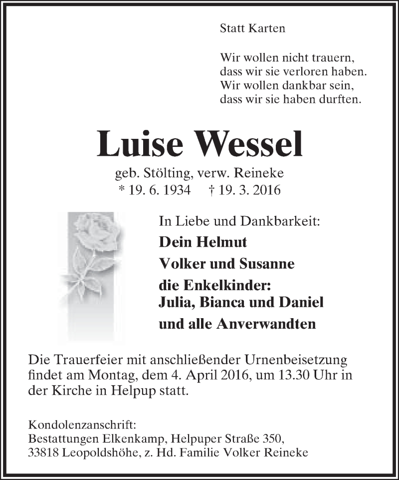  Traueranzeige für Luise Wessel vom 30.03.2016 aus Lippische Landes-Zeitung