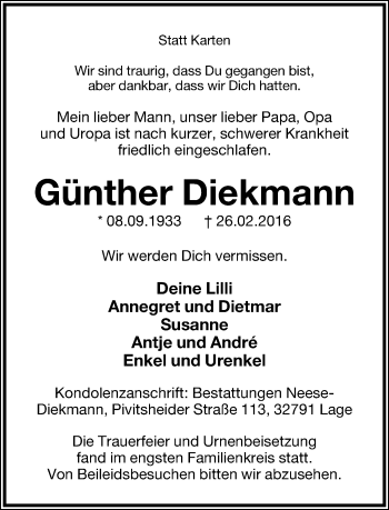 Anzeige  Günther Diekmann  Lippische Landes-Zeitung