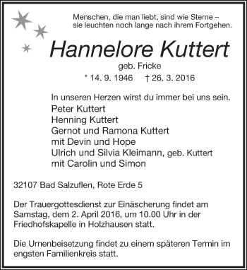 Anzeige  Hannelore Kuttert  Lippische Landes-Zeitung
