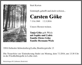 Anzeige  Carsten Göke  Lippische Landes-Zeitung