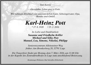 Anzeige  Karl-Heinz Pott  Lippische Landes-Zeitung