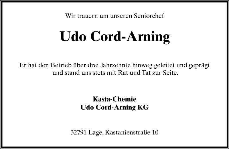  Traueranzeige für Udo Cord-Arning vom 23.03.2016 aus Lippische Landes-Zeitung